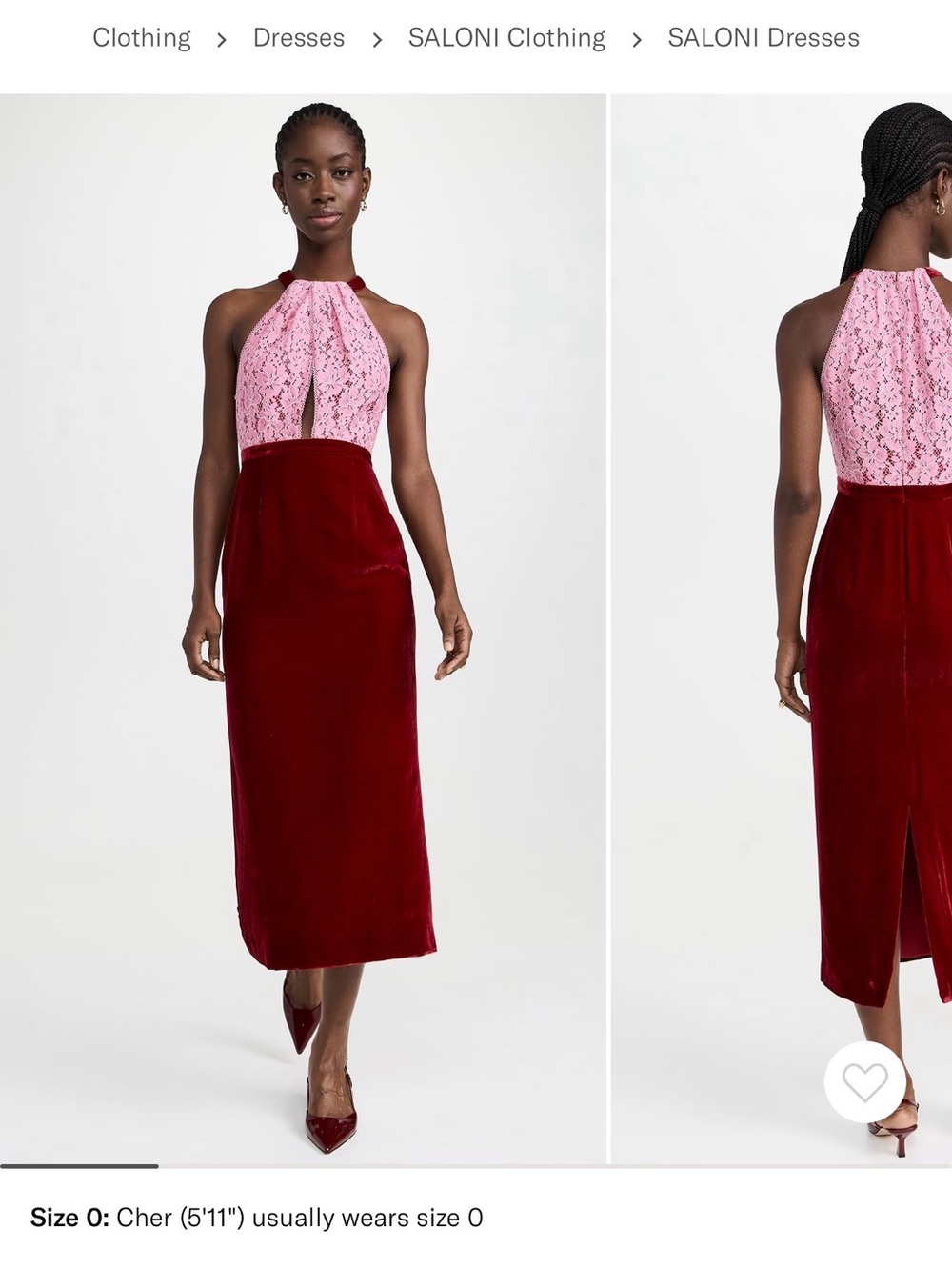 SALONI Pink Lace Halter and Burgundy Velvet Midi Skirt